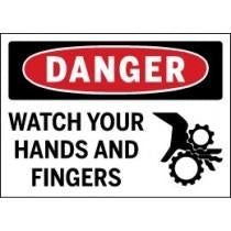 Safety sign warning about hazards to hands and fingers with a gear icon.