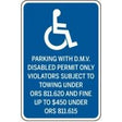 Handicap parking sign with text on a white background