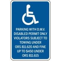 Handicap parking sign with text on a white background