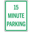 Green and white parking sign indicating 15 minute parking.
