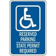Handicap parking sign with text 'Reserved Parking State Permit Required' on a white background