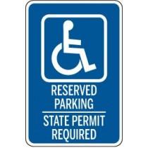 Handicap parking sign with text 'Reserved Parking State Permit Required' on a white background