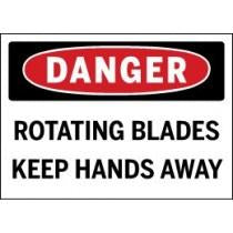 Safety sign warning about rotating blades and hands danger