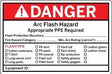 Dangerous Arc Flash Hazard sign with PPE requirements on a red background
