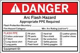Dangerous Arc Flash Hazard sign with PPE requirements on a red background