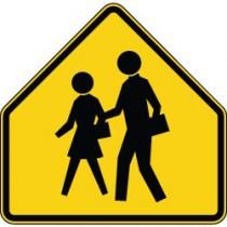 Yellow traffic sign with black silhouette of two people holding hands
