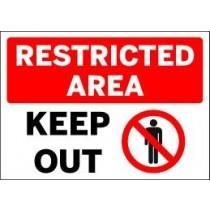 Sign with 'RESTRICTED AREA KEEP OUT' text and a no entry symbol.