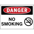 No smoking sign with danger label and cigarette icon.