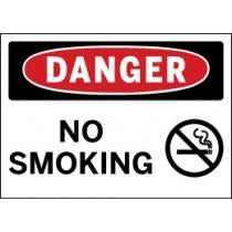 No smoking sign with danger label and cigarette icon.