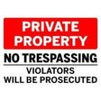 Private property sign with no trespassing message on a white background