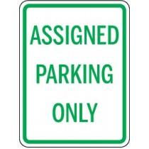 Sign with 'Assigned Parking Only' text on a white background