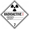 Radioactive material label with black radiation symbol on a white background