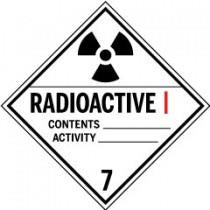Radioactive material label with black radiation symbol on a white background