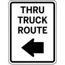 Traffic sign indicating 'Thru Truck Route' with a leftward arrow on a white background.