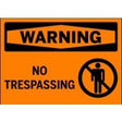 No trespassing warning sign with an orange background and black text.