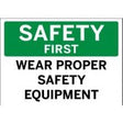 Safety sign with 'Safety First, Wear Proper Safety Equipment' text on a green and white background