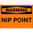 Orange warning sign with 'WARNING NIP POINT' text