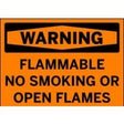 Flammable warning sign with text 'WARNING FLAMMABLE NO SMOKING OR OPEN FLAMES' on an orange background.