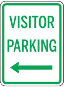 Visitor parking sign with green text and arrow on a white background