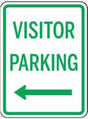 Visitor parking sign with green text and arrow on a white background