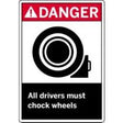 Safety sign with 'Danger' and camera icon, indicating drivers must chock wheels.
