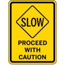 Yellow and black caution sign with text 'SLOW PROCEED WITH CAUTION'.