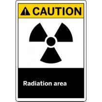 Radiation warning sign with black radiation symbol on a yellow and black background