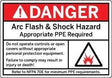 Safety sign warning of arc flash and shock hazard with PPE requirement.