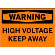 High voltage warning sign with black text on an orange background