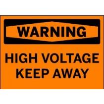 High voltage warning sign with black text on an orange background