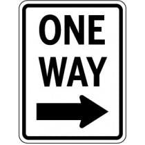 One Way traffic sign with a black arrow on a white background