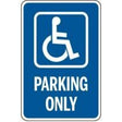 Handicap parking only sign with blue background and white text