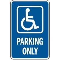 Handicap parking only sign with blue background and white text