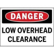 Dangerous low overhead clearance sign with red circle and black text on a white background