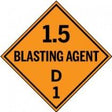 Orange diamond-shaped sign with '1.5 Blasting Agent D1' text on a white background