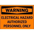 Warning sign indicating electrical hazard with authorized personnel only text on an orange background.