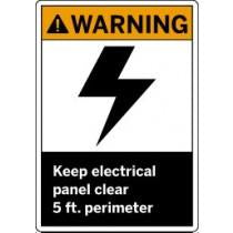 Warning sign with a lightning bolt symbol and text about keeping electrical panel clear.