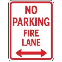 No Parking Fire Lane sign with arrows pointing left and right on a white background