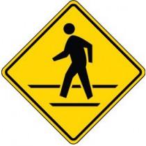 Crosswalk warning sign with pedestrian symbol on a yellow background