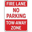 Sign indicating a fire lane with no parking and tow-away zone.