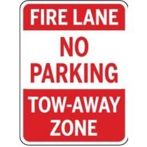 Sign indicating a fire lane with no parking and tow-away zone.