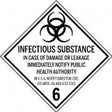 Sign with biohazard symbol and text about infectious substance notification.