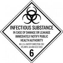 Sign with biohazard symbol and text about infectious substance notification.
