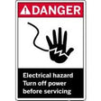 Safety sign with hand icon and warning text about electrical hazard
