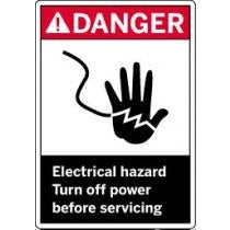 Safety sign with hand icon and warning text about electrical hazard