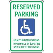 Handicap reserved parking sign with text and icon.
