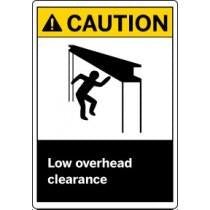 Caution sign with a person and low overhead clearance warning.