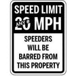 Speed limit sign with text 'Speed limit 20 MPH, speeders will be barred from this property'.