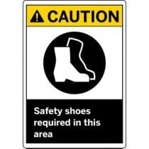 Safety sign with a boot icon and text 'CAUTION: Safety shoes required in this area' on a white background.