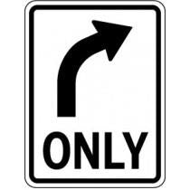 Traffic sign with a right-turn arrow and 'ONLY' text on a white background